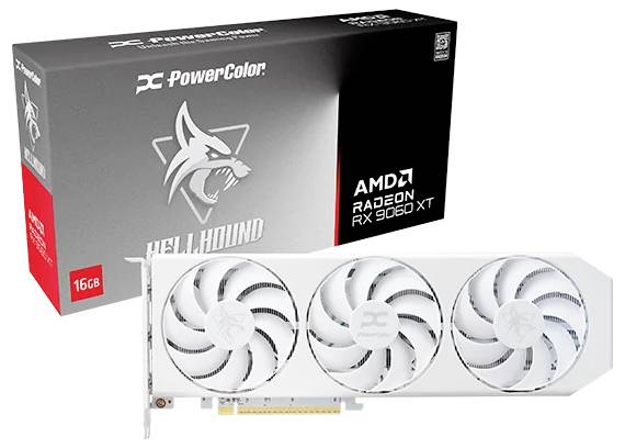 Une carte graphique blanche avec trois ventilateurs de refroidissement est présentée à côté de sa boîte étiquetée « PowerColor AMD Radeon RX 6600 XT Hellhound 16 Go ».
