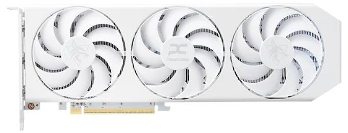 Une carte graphique blanche avec trois ventilateurs de refroidissement et une marque visible au centre, conçue pour des performances de jeu améliorées.