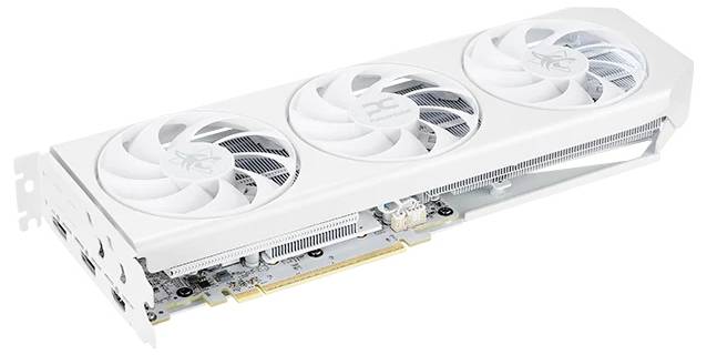 Une carte graphique blanche avec trois ventilateurs de refroidissement, conçue pour le calcul haute performance dans le gaming ou les applications professionnelles.
