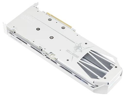 Carte graphique blanche avec un logo et le texte 'Hellhound' sur le panneau arrière, montrant des évents de refroidissement et un connecteur PCIe.