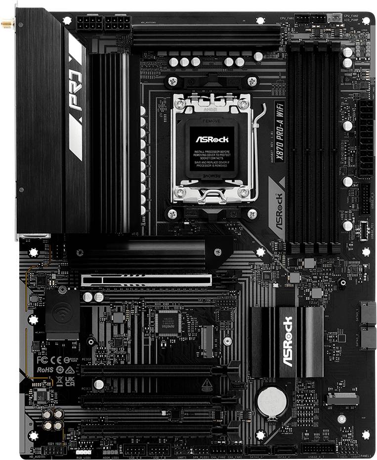 Une carte mère noire ASRock avec un socket CPU visible, des emplacements RAM et divers connecteurs, conçue pour l'informatique haute performance.