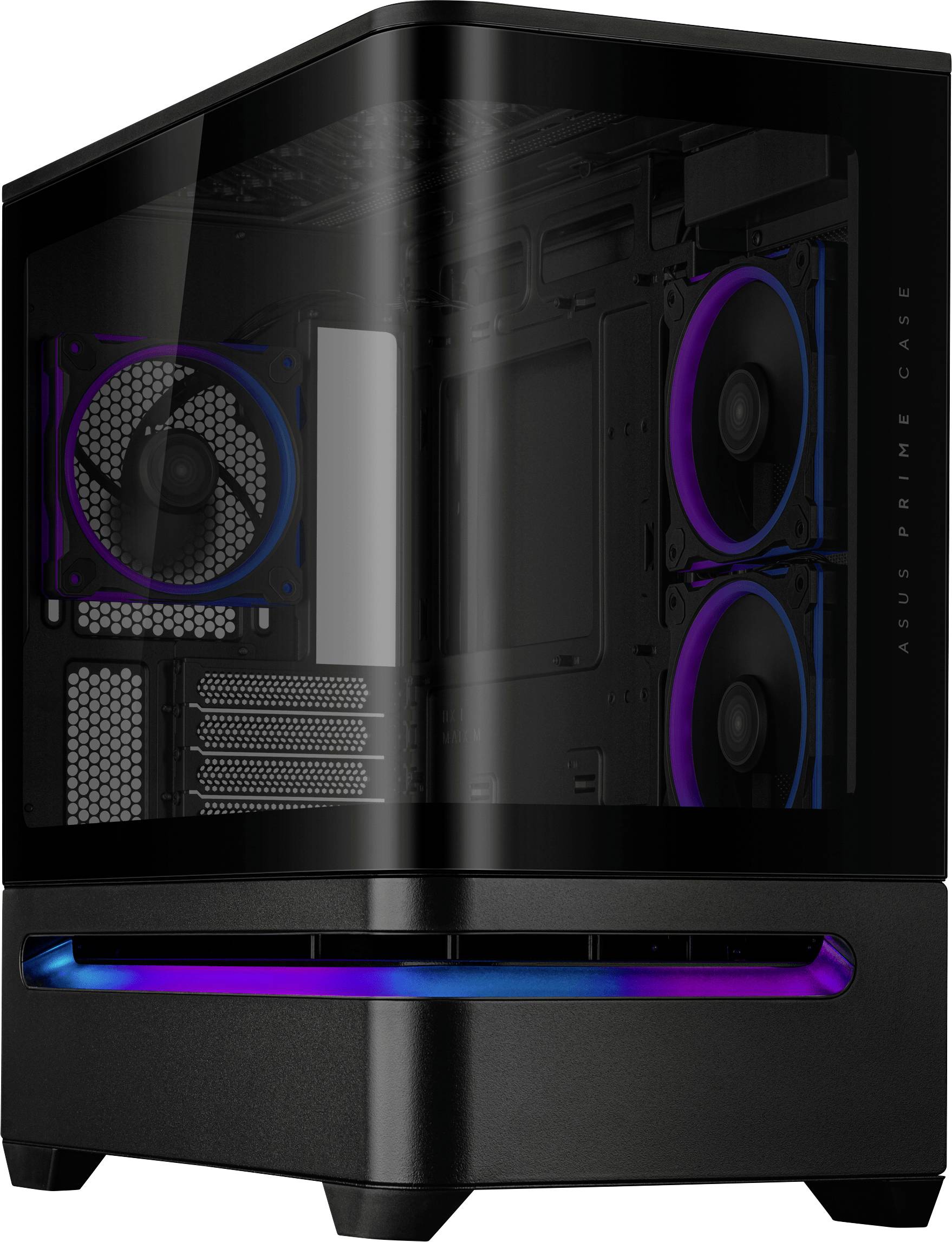 Un boîtier de PC gaming élégant avec une façade en verre incurvé et des lumières RGB visibles à l'intérieur, montrant deux ventilateurs. Le modèle du boîtier est le « Boîtier ASUS Prime ».
