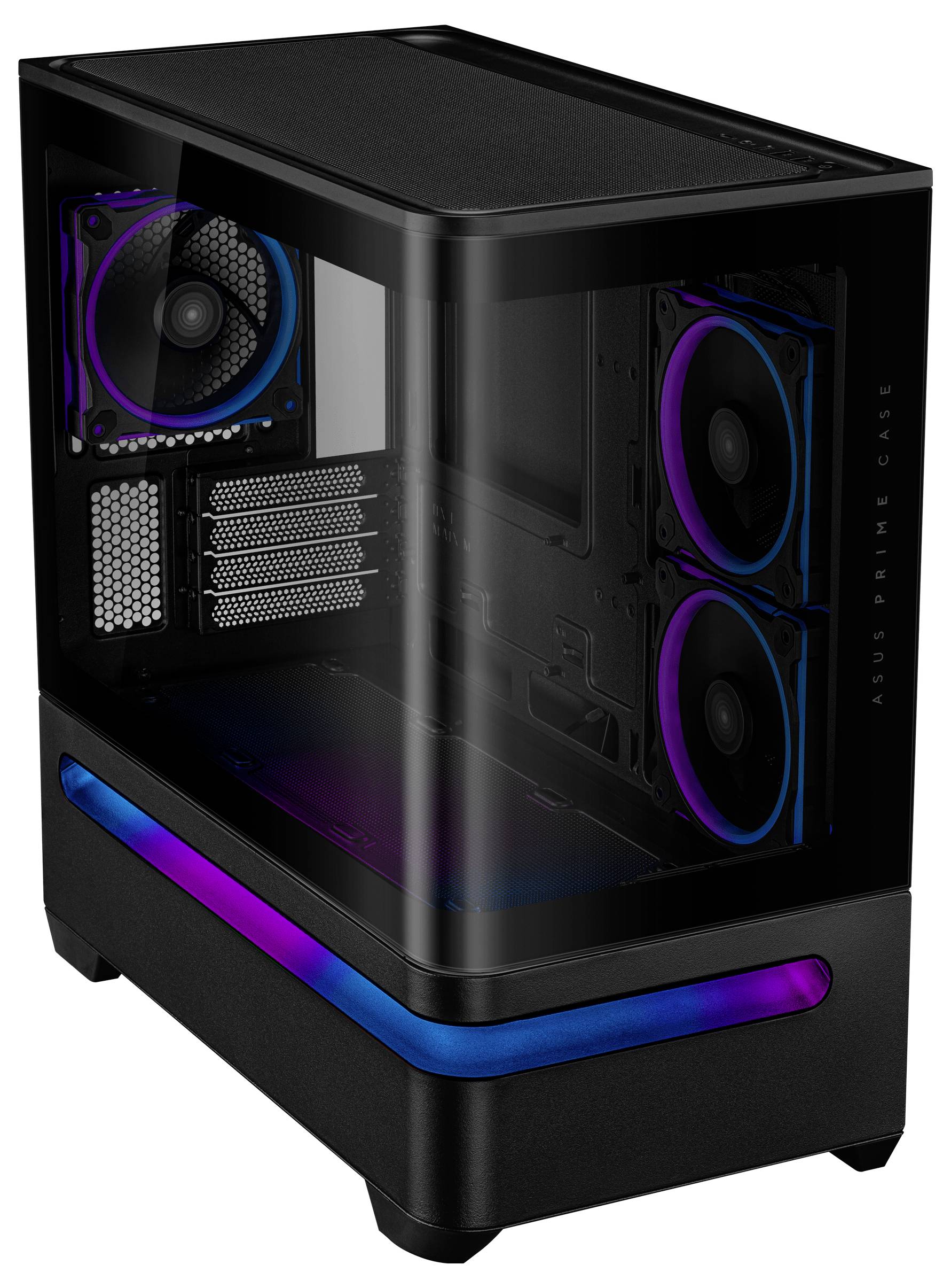 Un boîtier d'ordinateur noir élégant avec un panneau latéral transparent révélant les ventilateurs de refroidissement internes et des éclairages LED, soulignant un design moderne.