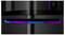 Un gros plan sur un boîtier d'ordinateur noir doté d'un panneau lumineux RGB horizontal élégant, illuminé dans des nuances de bleu et de violet, mettant en valeur son design moderne.