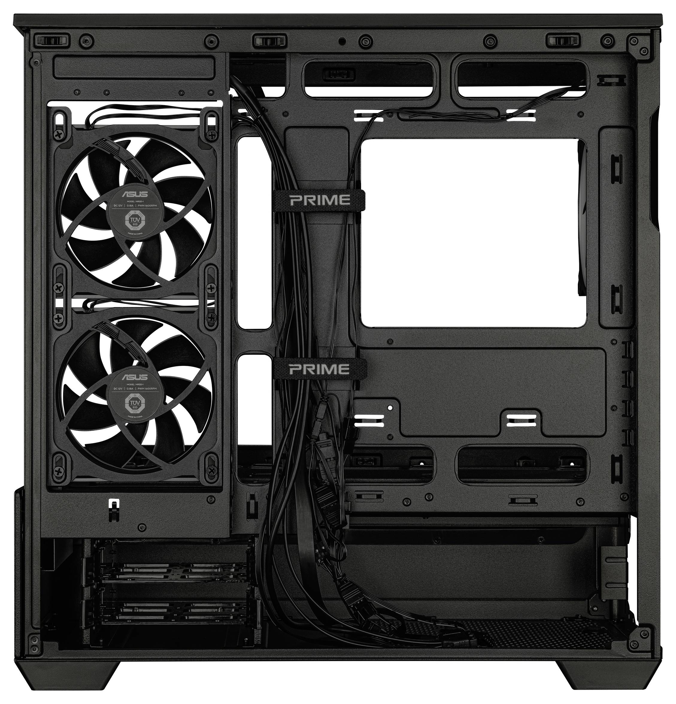 Un intérieur de boîtier PC noir montrant des compartiments vides pour les composants, des routes de gestion des câbles, deux ventilateurs montés et quelques emplacements SATA en bas.