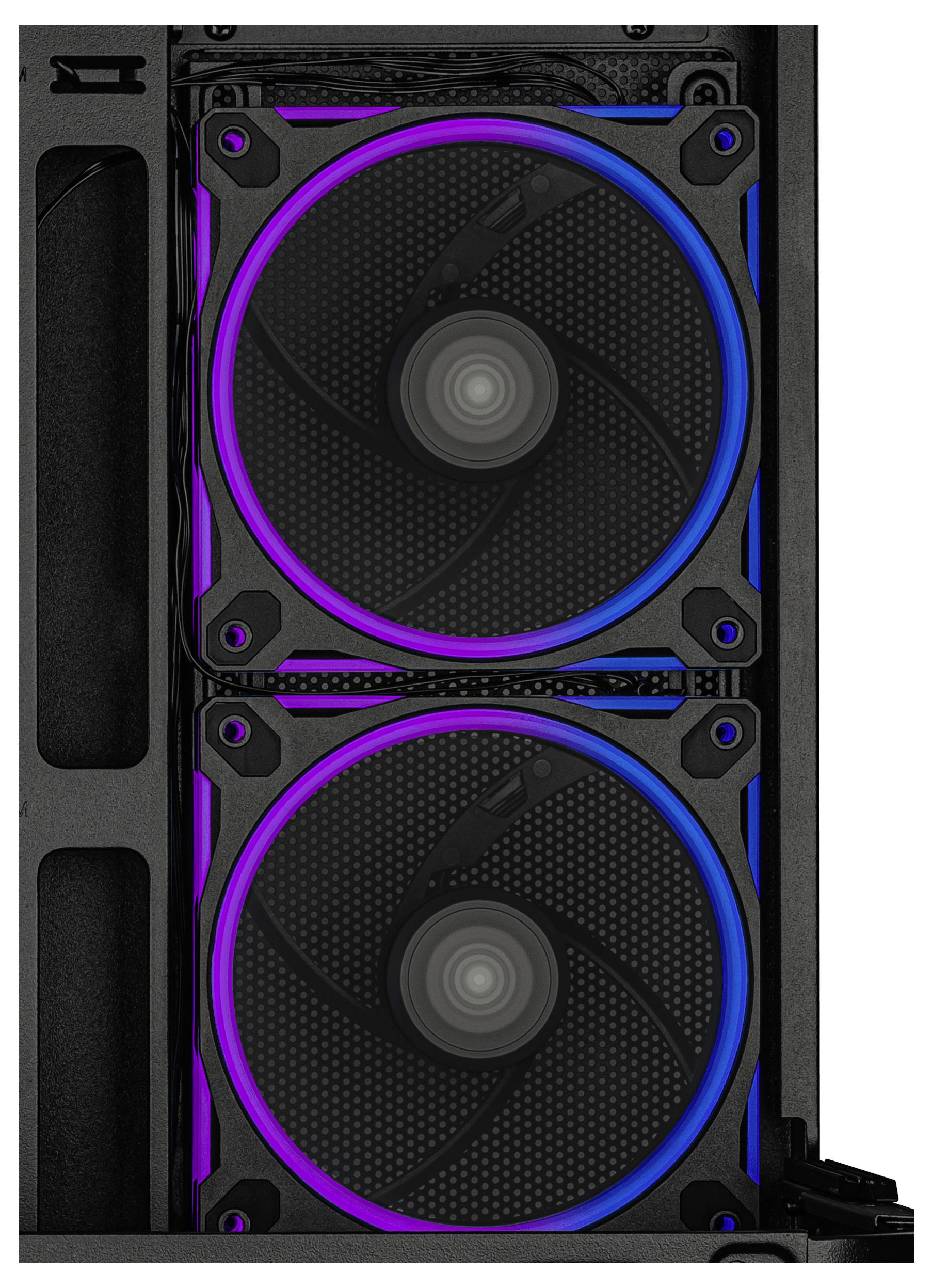 Deux ventilateurs de refroidissement d'ordinateur avec éclairage LED multicolore, montés verticalement dans un boîtier noir, présentant des teintes de bleu et de violet.