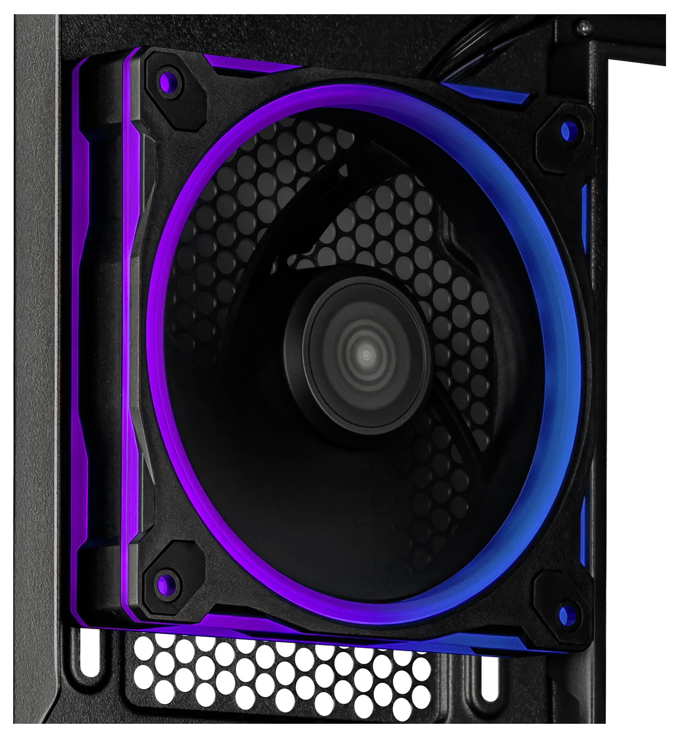 Un ventilateur de refroidissement pour ordinateur avec un design de grille noir présentant un éclairage LED bleu et violet installé sur un boîtier d'ordinateur noir.