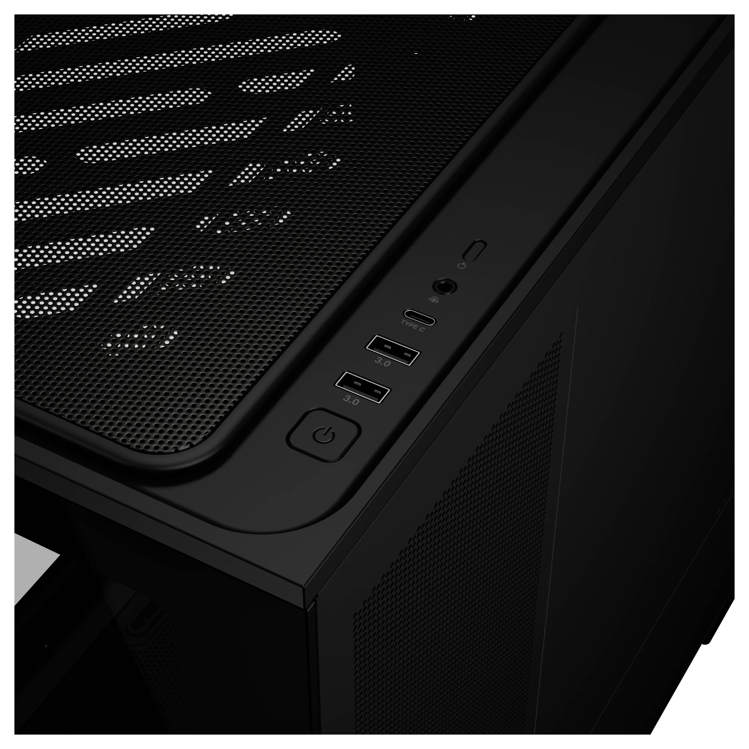 Un boîtier d'ordinateur noir montrant son dessus avec un panneau en maille et des ports d'E/S frontaux, comprenant un bouton d'alimentation, des ports USB et une prise audio.