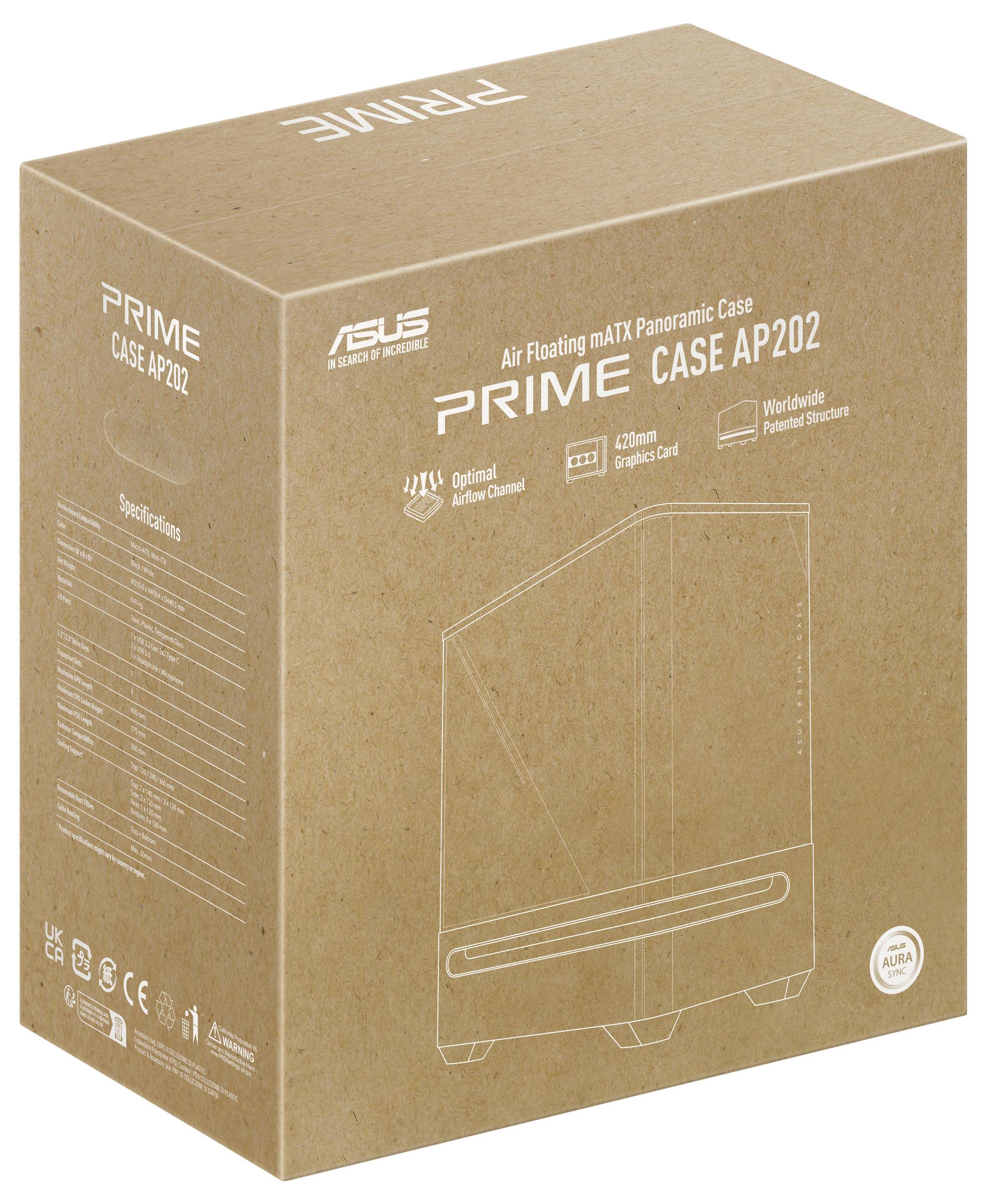 Boîte d'emballage en carton brun pour le « Boîtier ASUS Prime Case AP202 », comprenant les caractéristiques techniques, notamment un flux d'air optimal et un design compact.