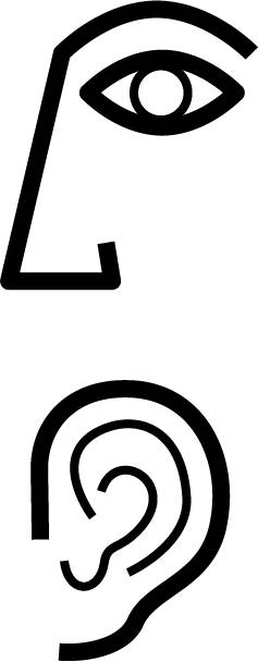 « Illustration abstraite d'un œil humain stylisé surplombant une oreille humaine stylisée, suggérant les thèmes de la vue et de l'ouïe. »