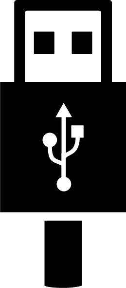 Un logo d'icône USB noir et blanc présente le symbole USB standard sur un connecteur rectangulaire.