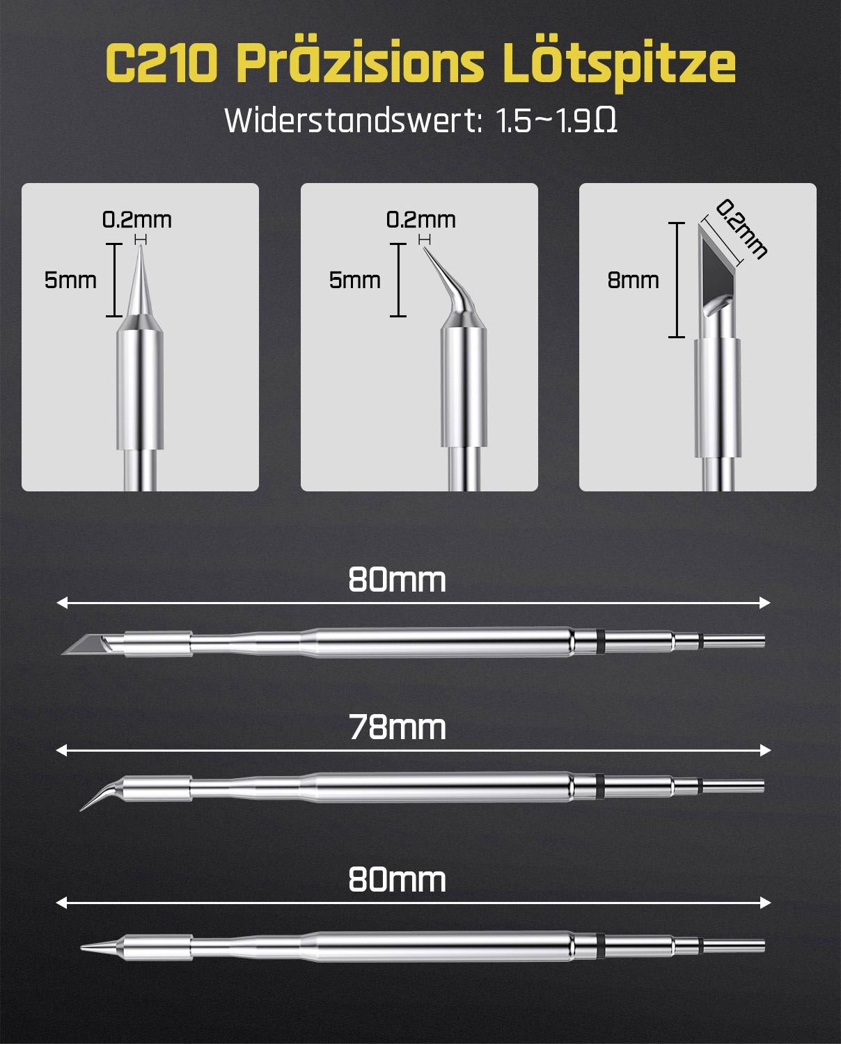 Pointes de soudure de précision 'C210' présentées en trois designs : pointue, coudée et à bec plat. Dimensions et valeurs de résistance fournies.