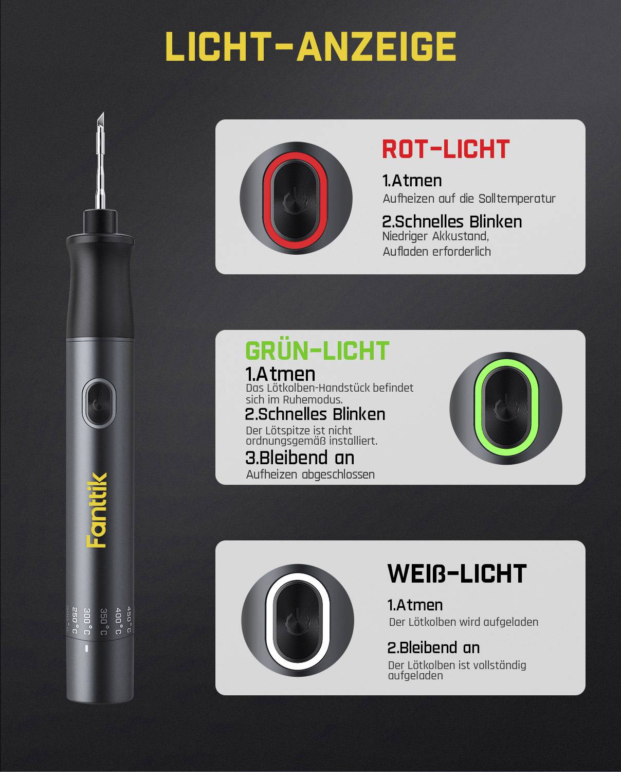 Image d'un outil avec trois indicateurs lumineux. 'ROT-LICHT' indique une surcharge avec un éclairage fixe ou un clignotement rapide. 'GRÜN-LICHT' signale l'état de la charge. 'WEIß-LICHT' montre que la charge est terminée.