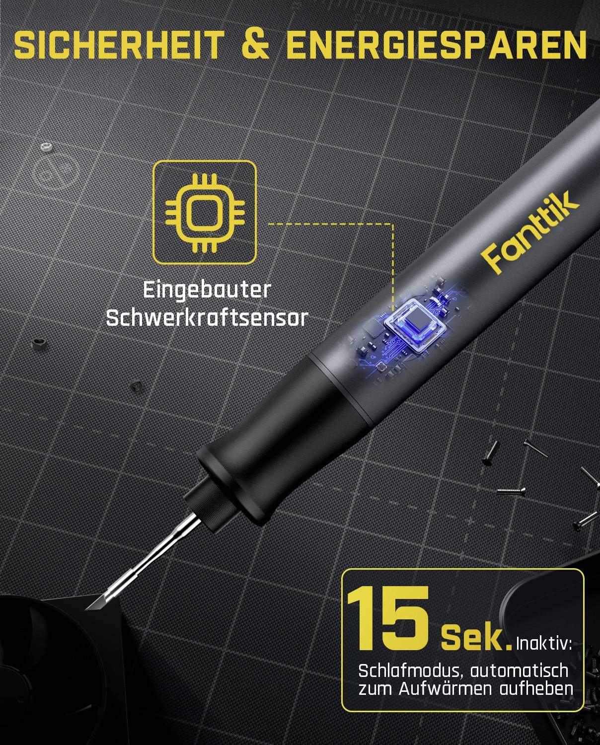 Un tournevis avec le texte « Sécurité & Économies d'énergie », mettant en avant des fonctionnalités de sécurité telles qu'un capteur de gravité intégré et un mode veille de 15 secondes.