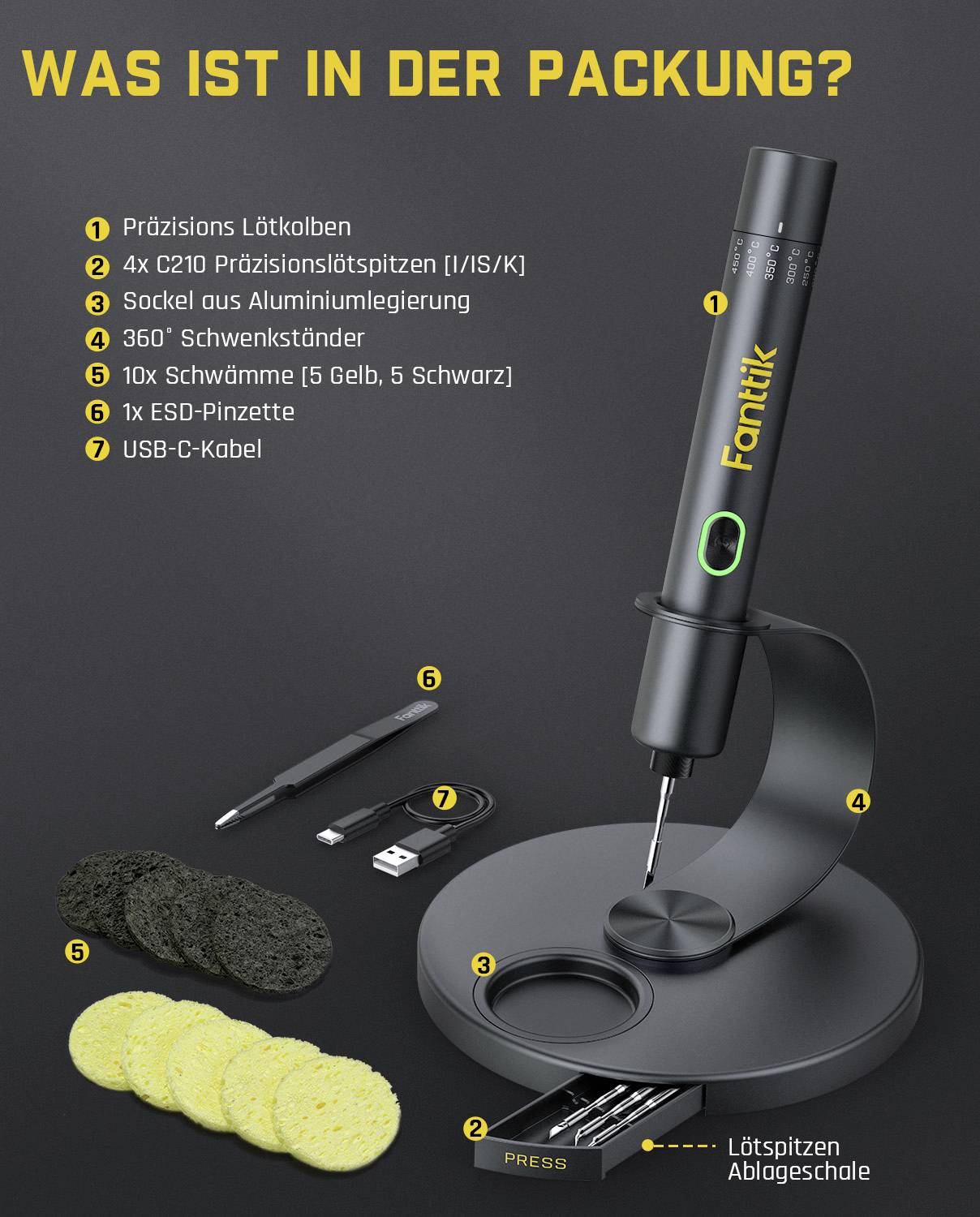 Ensemble de fer à souder de précision, comprenant quatre embouts de soudure, un support, un câble USB-C, des pinces et des éponges de nettoyage. Texte dans l'image : « QU'Y A-T-IL DANS L'EMBALLAGE ? »