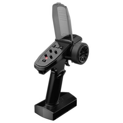 Une télécommande noire portable avec une gâchette, plusieurs boutons et une molette sur le côté, conçue pour commander des véhicules télécommandés.