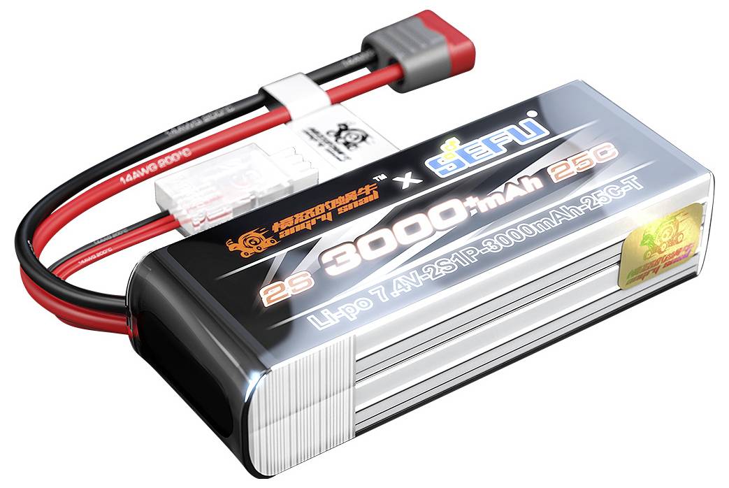 Une batterie lithium polymère étiquetée '3000mAh 25C', conçue pour les véhicules télécommandés, avec des fils rouges et noirs munis de connecteurs.