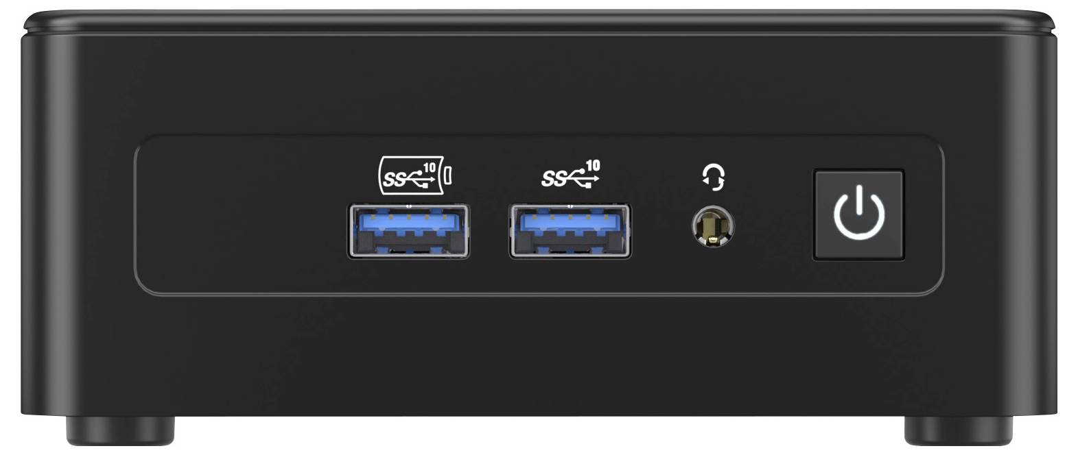 Un appareil compact noir avec deux ports USB 3.0, une prise casque et un bouton d'alimentation sur le panneau avant.