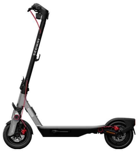 Une trottinette électrique noire et grise avec de grandes roues, un guidon pliable et le nom de marque 'Segway' visible sur la tige.