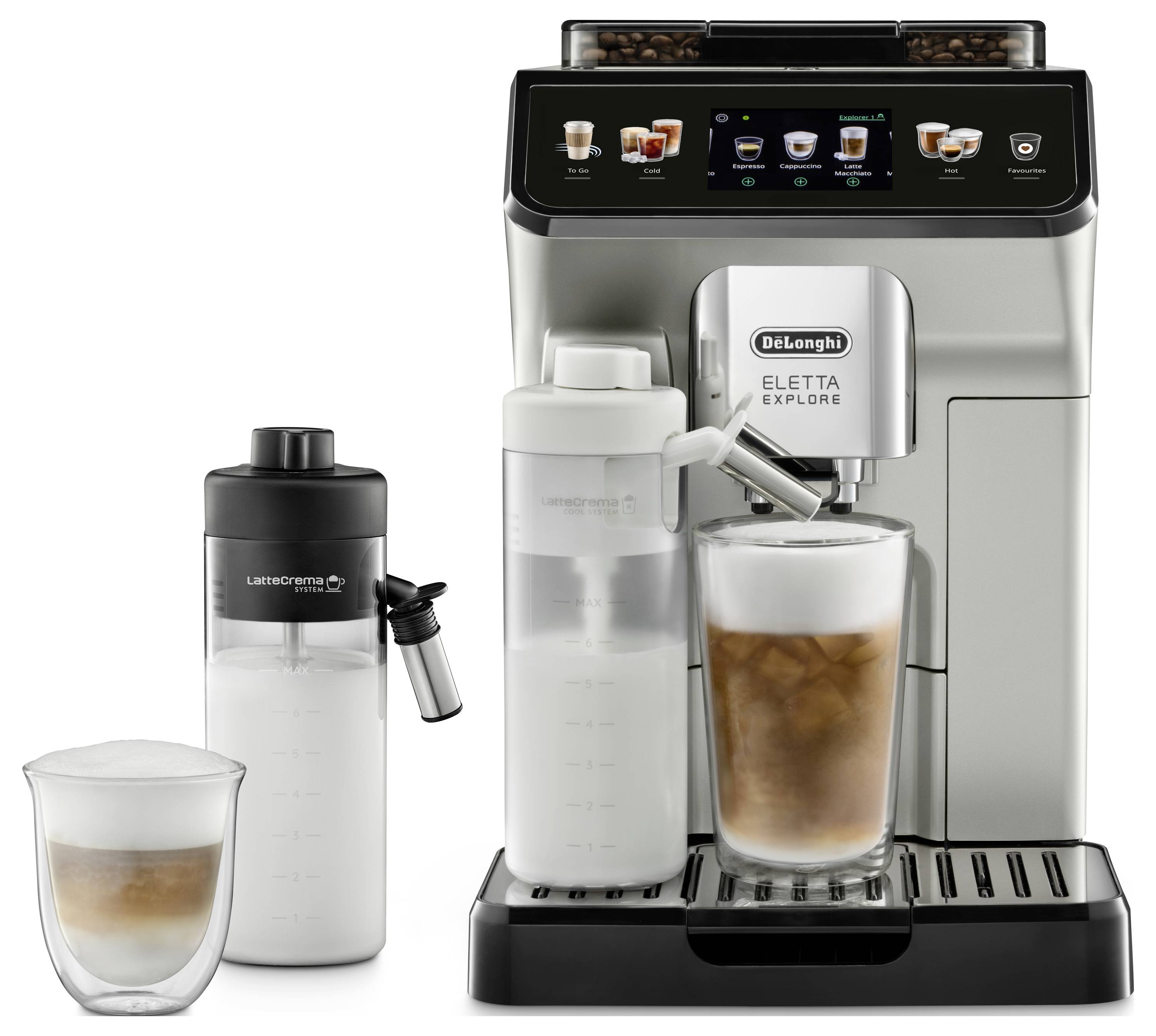 Machine à café 'DeLonghi Eletta Explore' avec fonction café glacé et cruche à lait vapeur. Commandes tactiles pour les types de café visibles sur le panneau.