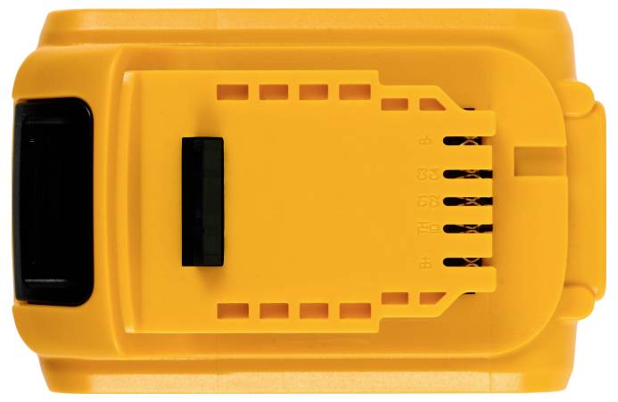 Une batterie d'outil électrique jaune avec un connecteur noir, montrant les points de contact électrique et les détails du boîtier.