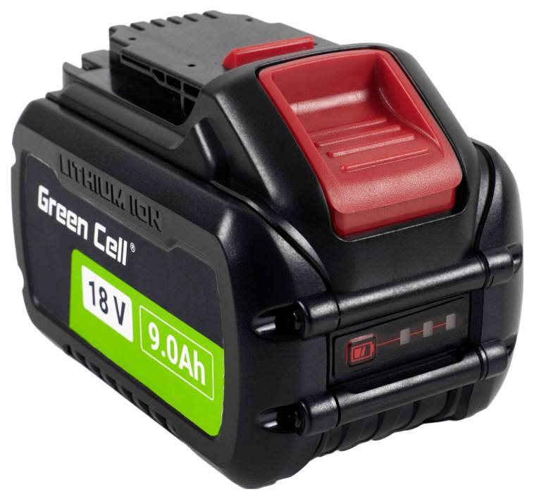 Une batterie lithium-ion noir et rouge étiquetée 'Green Cell' avec les spécifications '18V' et '9.0Ah.' Un indicateur de puissance affiche le niveau de charge.