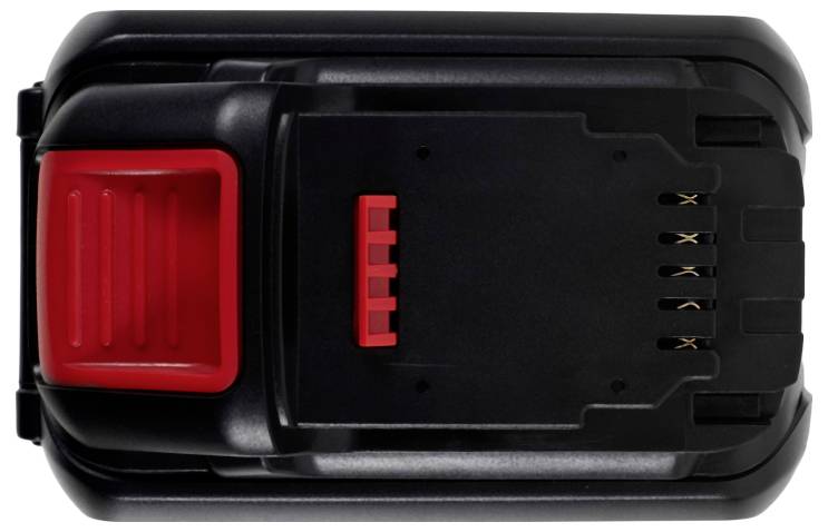 Une batterie d'outil électrique noir avec un bouton de libération rouge, présentant plusieurs contacts métalliques sur la face inférieure.