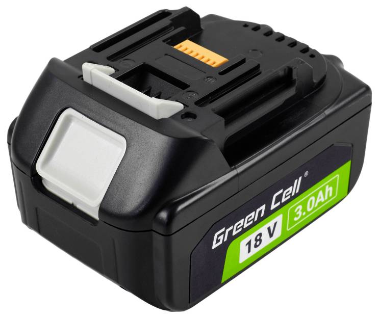 Une batterie lithium noire et verte portant les étiquettes « Green Cell », « 18 V » et « 3,0 Ah », dotée d'un bouton de déverrouillage et de bornes de connexion.