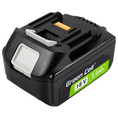Une batterie lithium noire et verte portant les étiquettes « Green Cell », « 18 V » et « 3,0 Ah », dotée d'un bouton de déverrouillage et de bornes de connexion.