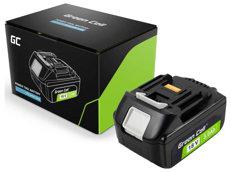 Une batterie d'outil électrique Green Cell 18V 3,0Ah noir et vert est présentée à côté de sa boîte d'emballage.
