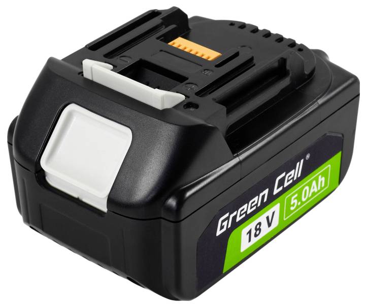 Un pack batterie noir et vert étiqueté « Green Cell 18V 5,0Ah », doté d'un clip de déverrouillage blanc et de connecteurs orange, utilisé pour les outils électroportatifs.