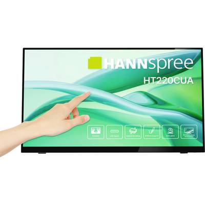 Un doigt touche l'écran tactile du moniteur Hannspree HT220CUA. L'écran affiche des icônes pour le tactile 10 points, USB Type-C, le collage optique et VESA.
