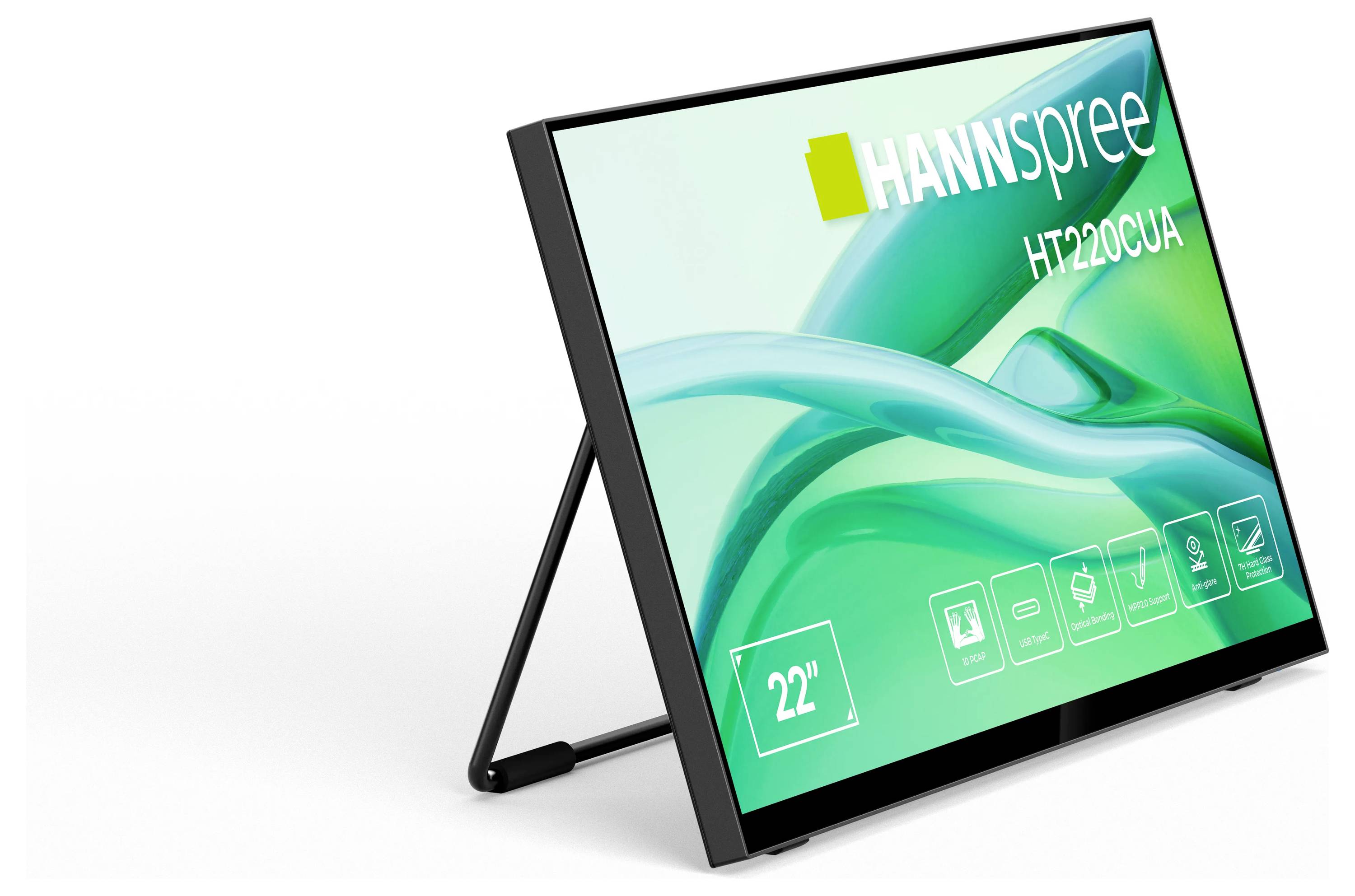 Un moniteur tactile Hannspree de 22 pouces avec son support, affichant des ondes vertes vibrantes et des icônes de fonctionnalités vidéo et de connectivité.