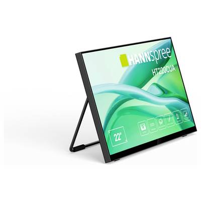 Un moniteur tactile Hannspree de 22 pouces avec son support, affichant des ondes vertes vibrantes et des icônes de fonctionnalités vidéo et de connectivité.