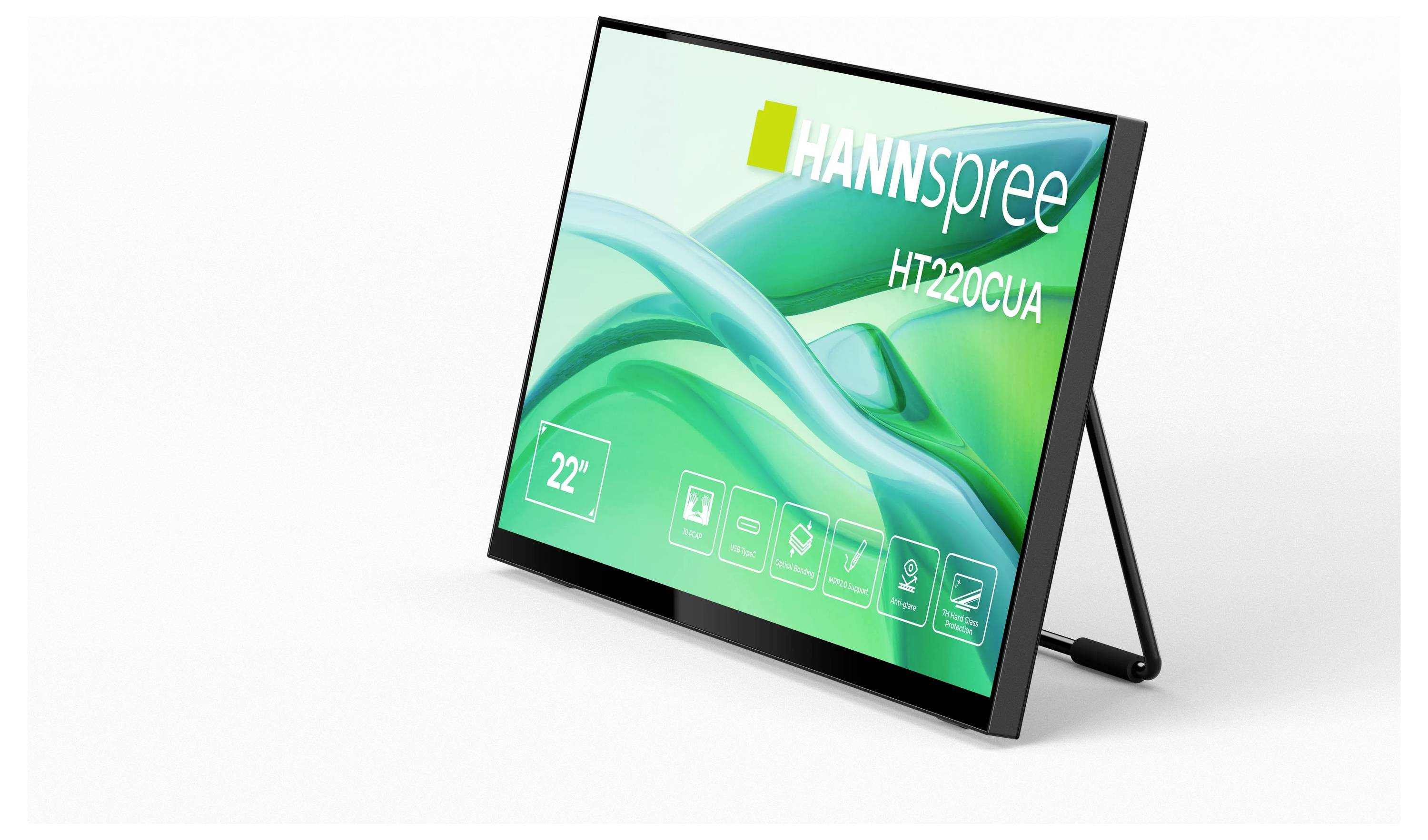 Un moniteur étiqueté « HANNspree HT220CUA », affichant des icônes représentant des caractéristiques telles que la taille de 22 pouces, l'écran tactile et les haut-parleurs intégrés.