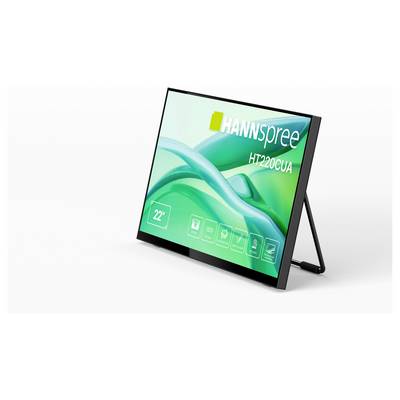 Un moniteur étiqueté « HANNspree HT220CUA », affichant des icônes représentant des caractéristiques telles que la taille de 22 pouces, l'écran tactile et les haut-parleurs intégrés.