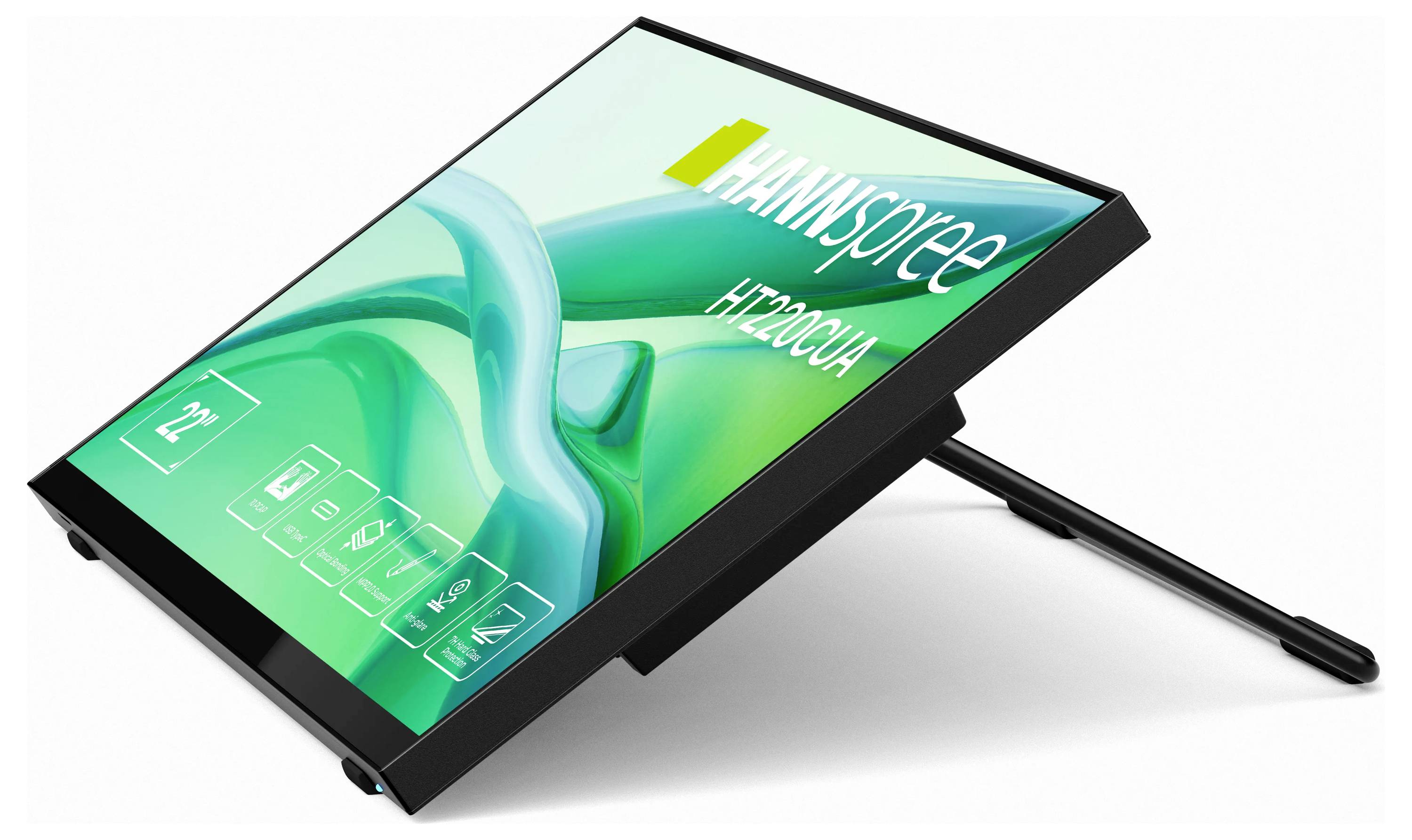 Un moniteur tactile mince avec l'étiquette « HANNspree HT220C9A », conçu pour une utilisation ergonomique avec un support inclinable réglable.