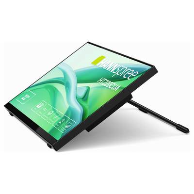 Un moniteur tactile mince avec l'étiquette « HANNspree HT220C9A », conçu pour une utilisation ergonomique avec un support inclinable réglable.