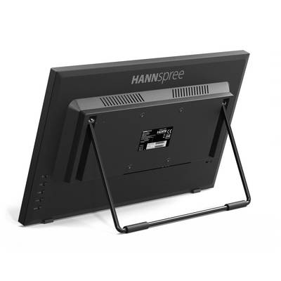 Un vue arrière d'un écran Hannspree montrant son support et ses fentes de ventilation, adapté à une utilisation comme écran de bureau.