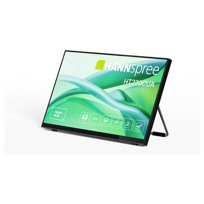 Un moniteur tactile intitulé « HANNspree HT220CUA », affichant des icônes représentant le volume, l'HDMI et les fonctionnalités de mise sous tension.