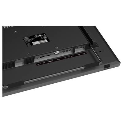 Panneau arrière d'un écran montrant divers ports : HDMI, VGA, USB, jack audio 3,5 mm, et boutons de contrôle, disposés dans une zone en retrait.