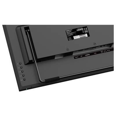 Vue arrière d'un moniteur montrant les options d'entrée, notamment DisplayPort, HDMI et VGA. Une étiquette avec des détails techniques et des marques de conformité est visible.