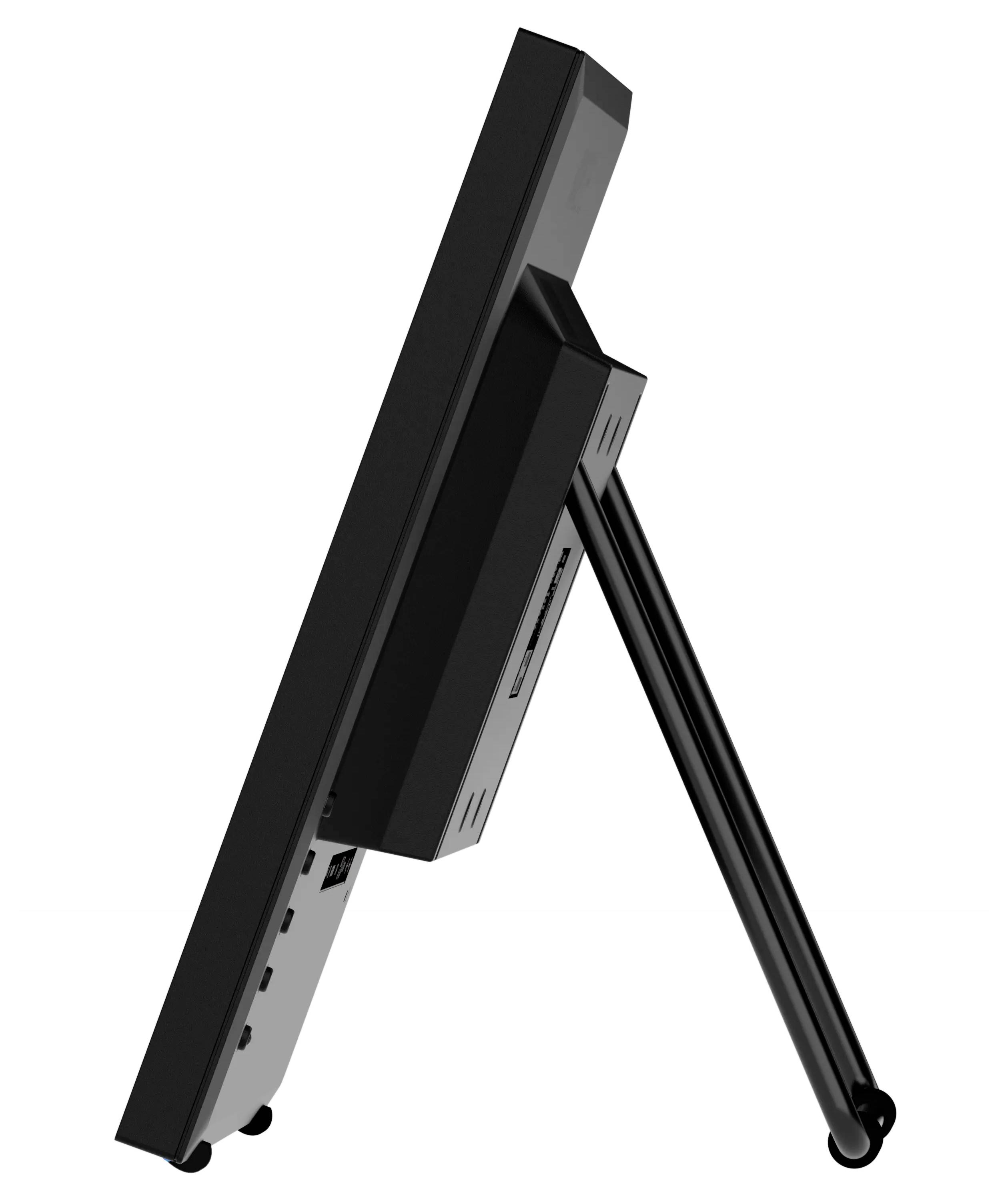 Une vue de côté d'un écran d'ordinateur plat sur un support, montrant des ports et un design élégant noir.
