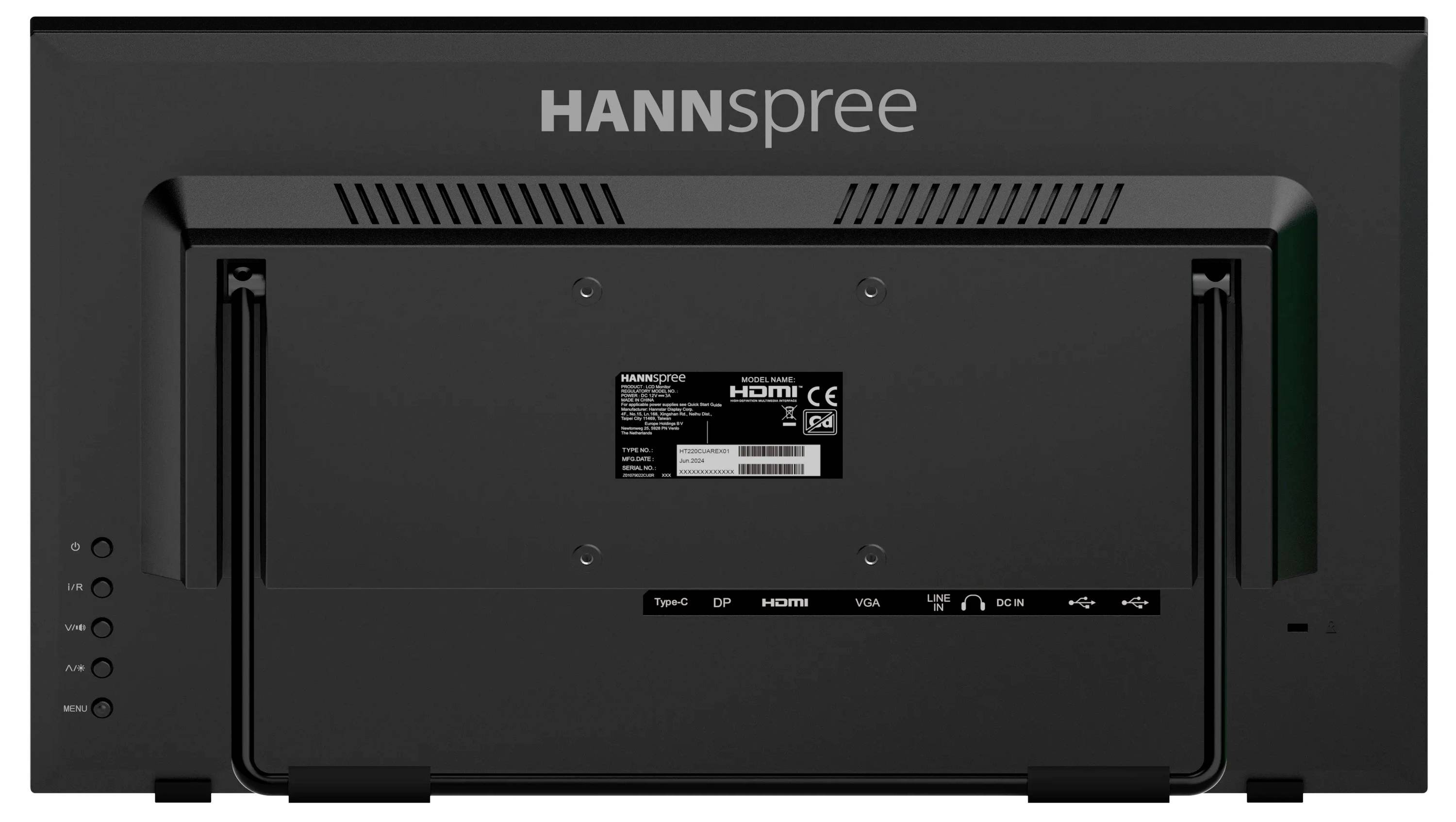 L'image montre l'arrière d'un téléviseur/moniteur Hannspree, présentant des ports tels que HDMI, VGA et l'entrée d'alimentation, avec la marque visible en haut.