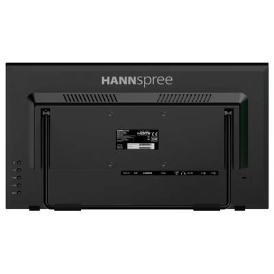 L'image montre l'arrière d'un téléviseur/moniteur Hannspree, présentant des ports tels que HDMI, VGA et l'entrée d'alimentation, avec la marque visible en haut.