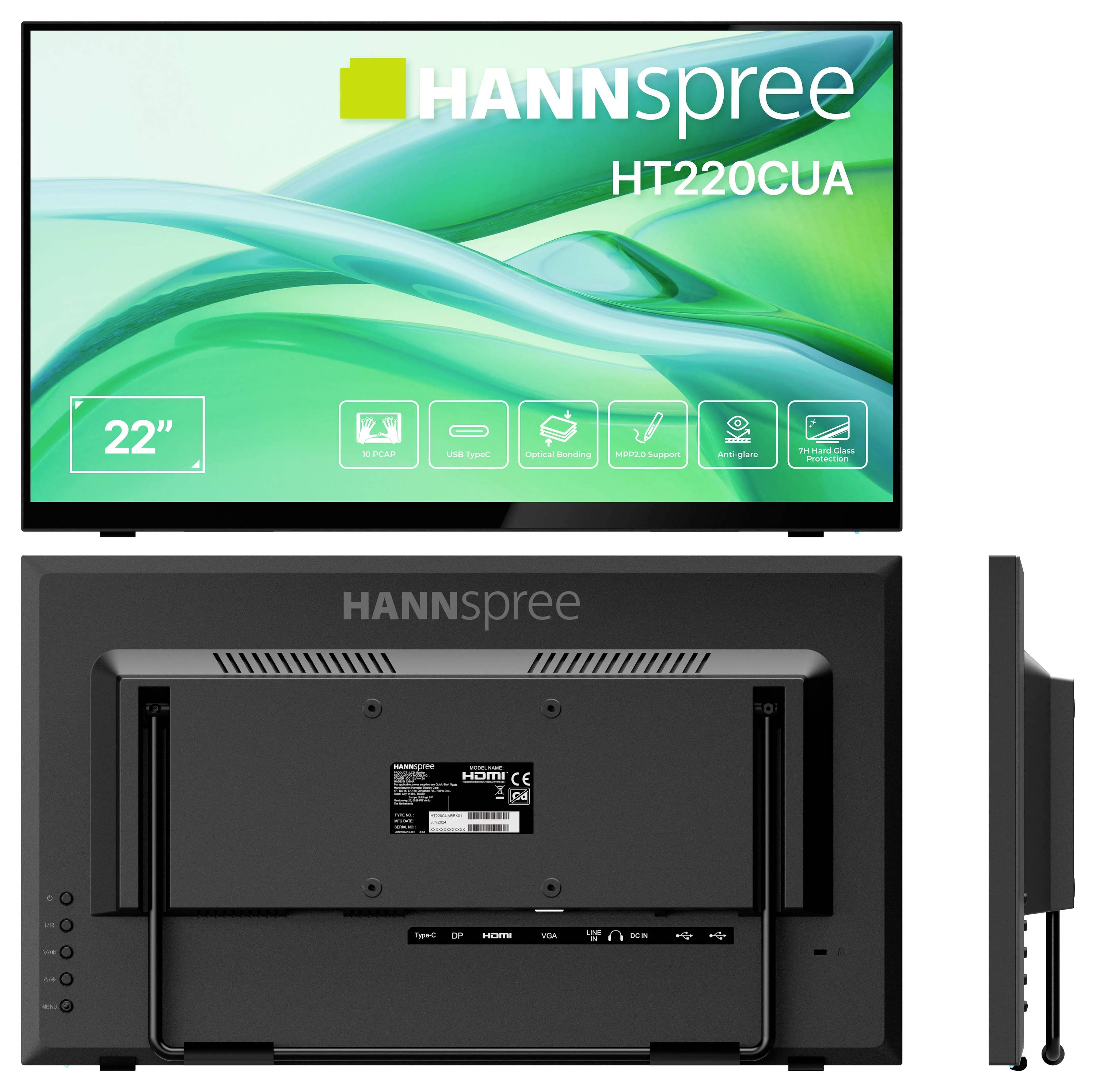 Moniteur 'HANNspree HT220CUA', vue de face et de dos. Les caractéristiques comprennent un écran de 22 pouces, des capacités tactiles, des entrées HDMI et USB.