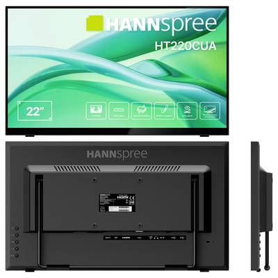Moniteur 'HANNspree HT220CUA', vue de face et de dos. Les caractéristiques comprennent un écran de 22 pouces, des capacités tactiles, des entrées HDMI et USB.