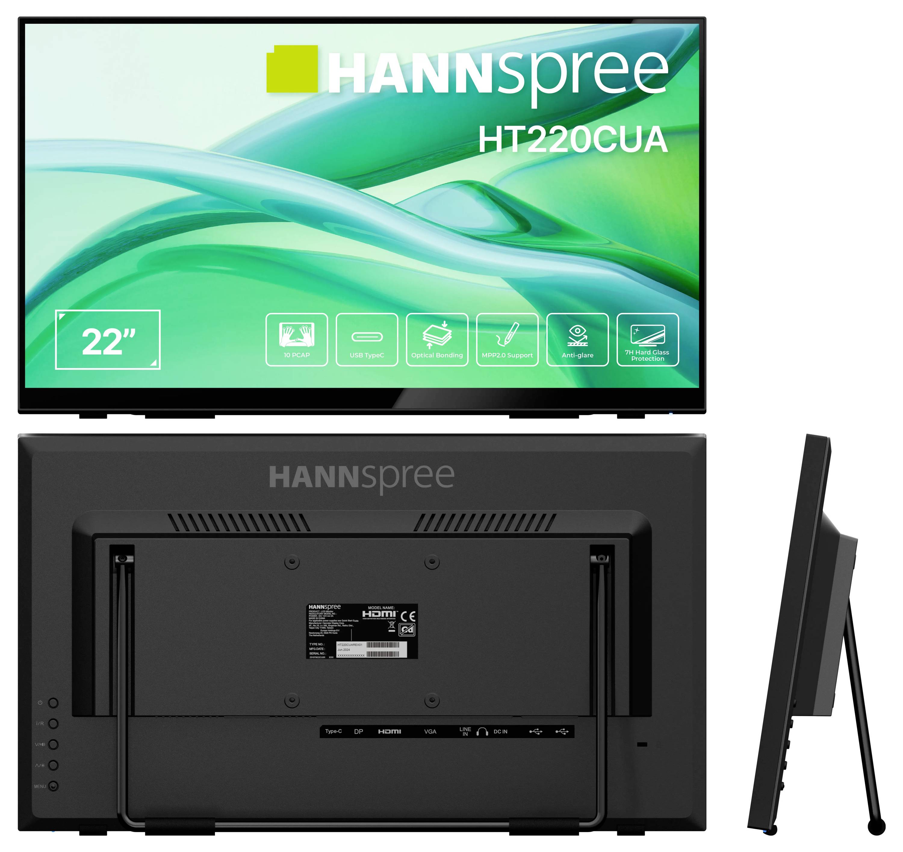 Vues de face, arrière et latérale d'un écran tactile Hannspree de 22 pouces, modèle HT220CUA, affichant des icônes de contrôle et le logo de la marque.