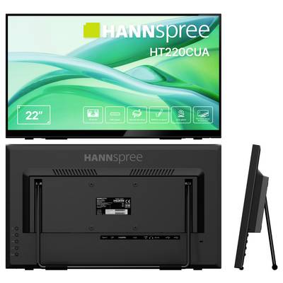 Vues de face, arrière et latérale d'un écran tactile Hannspree de 22 pouces, modèle HT220CUA, affichant des icônes de contrôle et le logo de la marque.