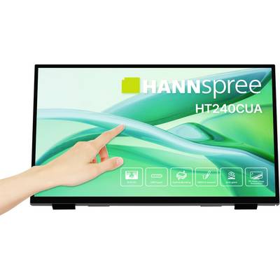 Un doigt touche un écran tactile HANNspree HT240CUA, mettant en évidence des fonctionnalités telles que le "Tactile 10 Points" et "USB Type-C".